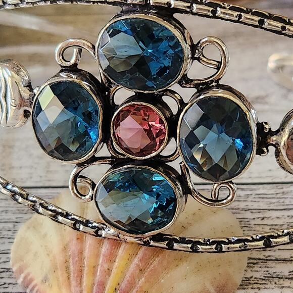 Wide Cuff Bracelet, Sky & Sunset Hues, Sterling Silver Cuff with Crystals 💖 - Picture 10 of 10